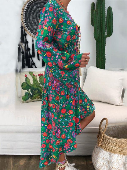 V-neck Floral Printed Long Sleeve Maxi Dress