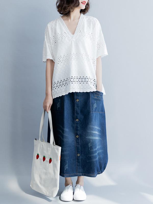 Casual Hollow out V-neck T-shirt