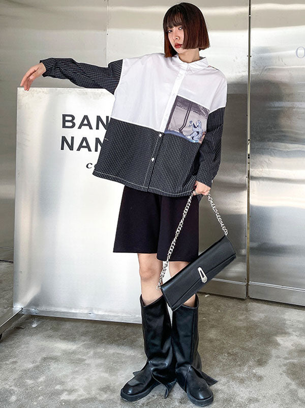 Stylish Cartoon Printed Plaid Split-Joint Lapel Collar Long Sleeves Blouse