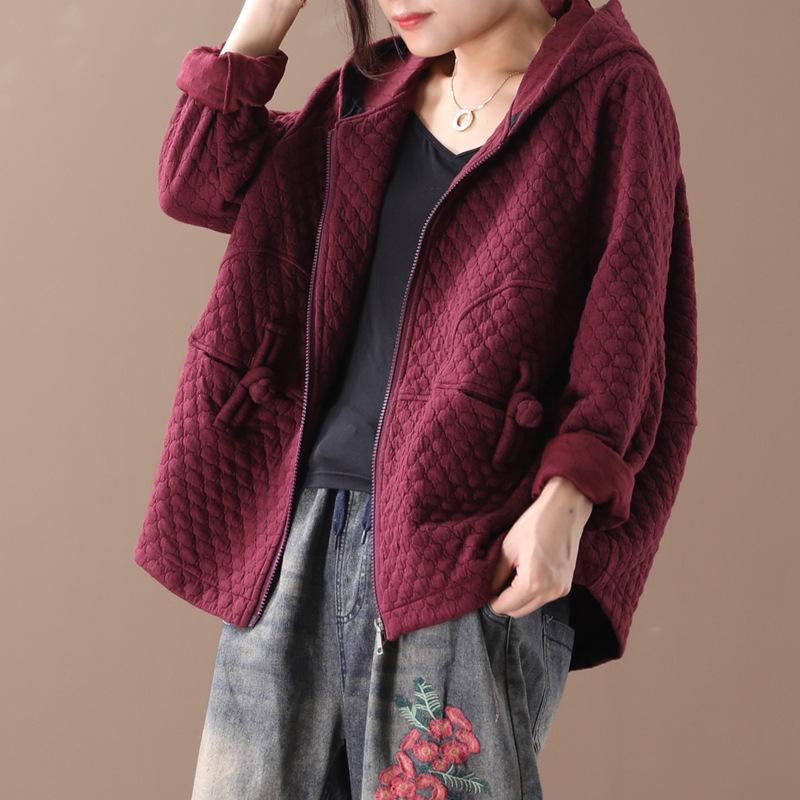 Buykud Retro Solid Color Zipper Autumn Hooded Coat