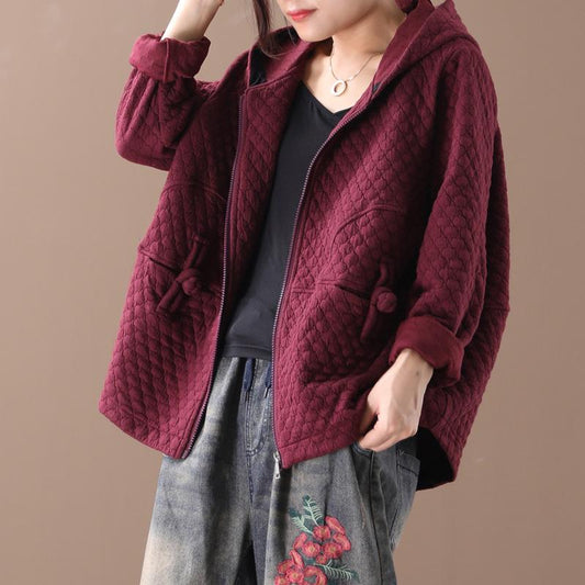 Buykud Retro Solid Color Zipper Autumn Hooded Coat