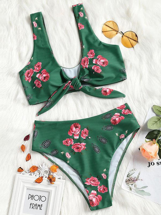 Knotting High Waist Printed Bikinis Swimwear