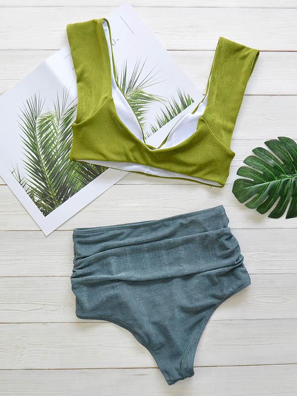 Solid Color Deep V-Neck Split Bikini Swimsuit