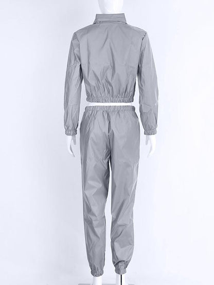 Solid Long Sleeve Jacket And Drawstring Sport Pants Suits