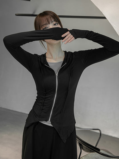 Simple Solid Color Hooded Long Sleeves Zipper Outerwear
