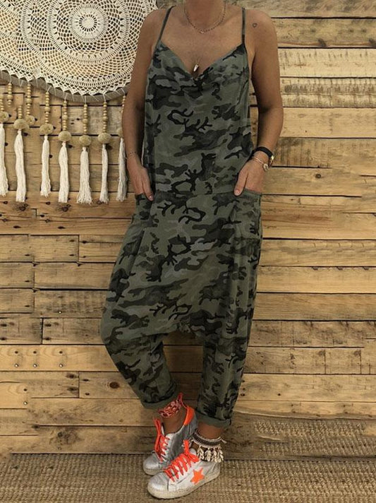 Camouflage Spaghetti-neck Jumpsuits