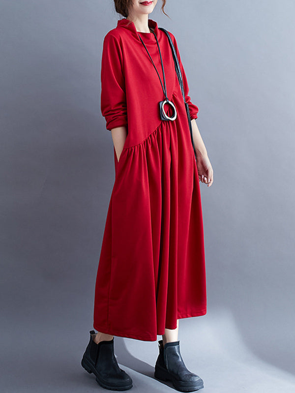 Simple Solid Color Asymmetric Split-Joint Long Sleeve Midi Dress