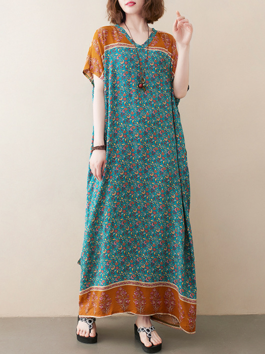 Vintage Loose Floral Printed Contrast Color Batwing Sleeves V-Neck Maxi Dress
