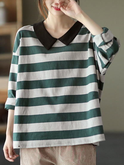 Casual Striped Contrast Color Long Sleeves Doll Collar Loose T-Shirt Tops