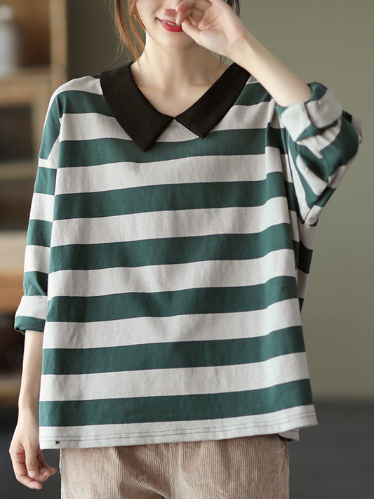 Casual Striped Contrast Color Long Sleeves Doll Collar Loose T-Shirt Tops