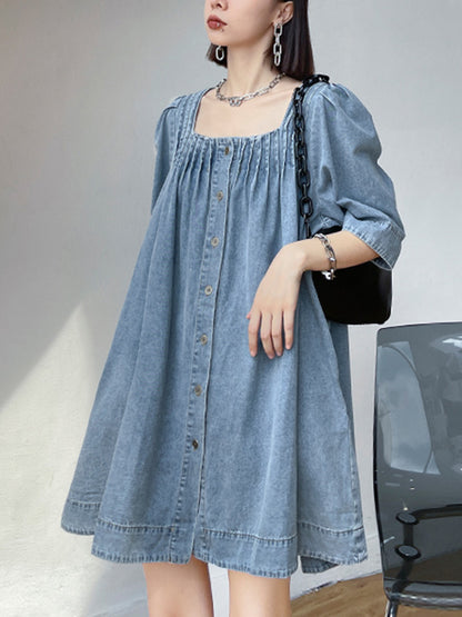 Stylish Denim Blue Pleated Square-Neck Half Sleeves H-Line Mini Dress
