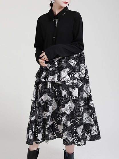 Original Falbala Letter Printed Split-Joint Buttoned Lapel Collar Long Sleeves Midi Dress