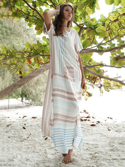 Cotton Linen Split-side Stripe Beach Maxi Dresses