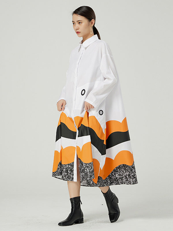 Original Buttoned Contrast Color Lapel Long Sleeves Midi Dress