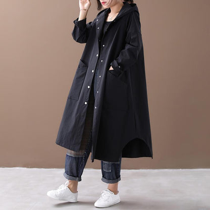 Buykud Loose Single-breasted Solid Color Hooded Windbreaker