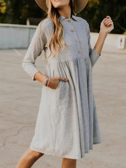 Solid Lapel Seven Sleeves Midi Dress