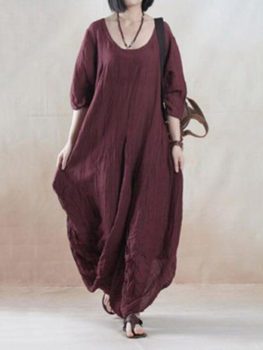 Tencel Half Sleeves Round-neck Maxi Dress