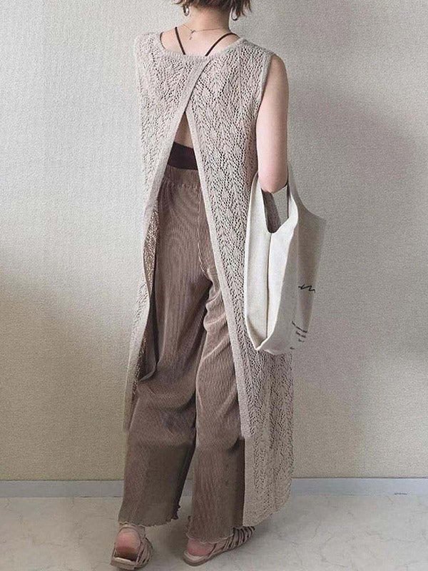 Original Knitting Round-Neck Sleeveless Hollow Split-Back Dress