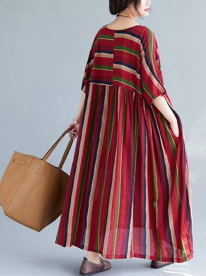 Loose Retro Striped Round-neck Long Dress