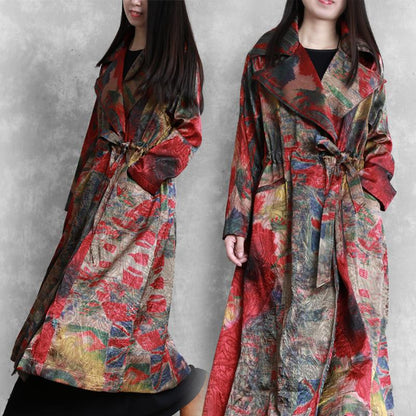 Buykud Fashion Printed Lacing Casual Loose Trench Coat
