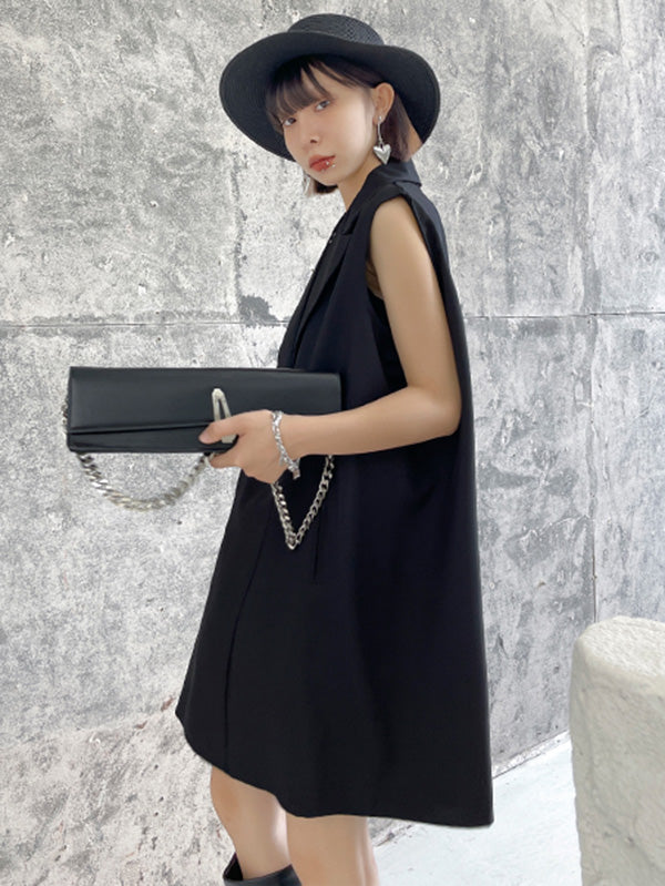 Urban Solid Color Split-Joint Notched Collar Sleeveless Mini Blazer Dress