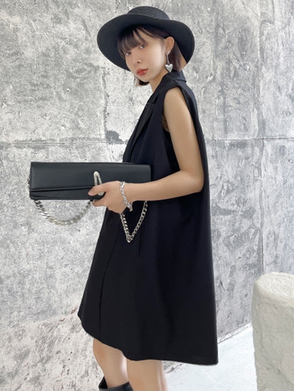 Urban Solid Color Split-Joint Notched Collar Sleeveless Mini Blazer Dress