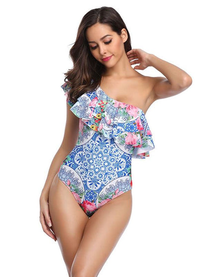 Single Shoulder Falbala Printed One-piece Swimsuit