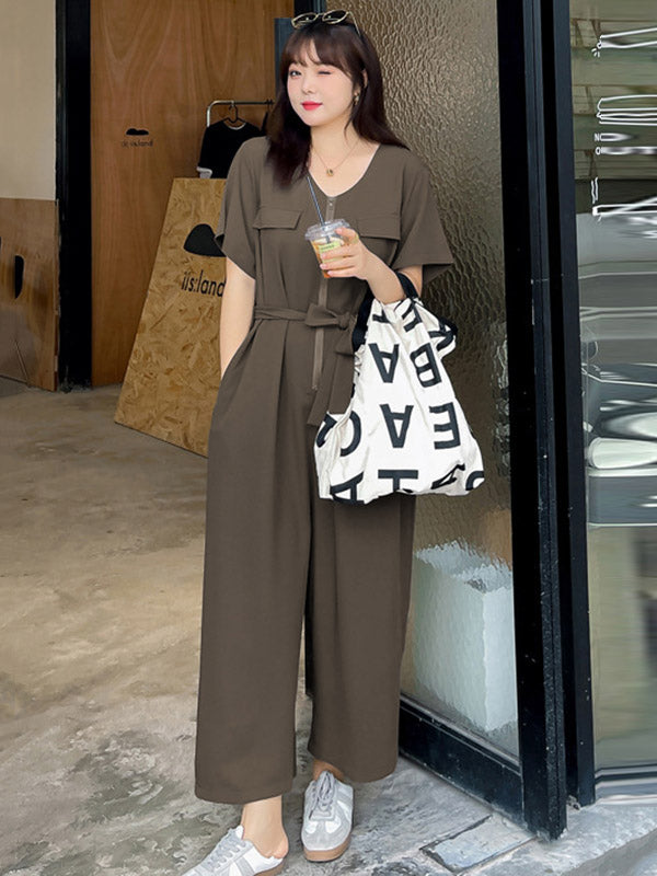 Casual Solid Color Split-Joint With Pocket Tied Zipper Short Sleeves Wide Legs Jumpsuits
