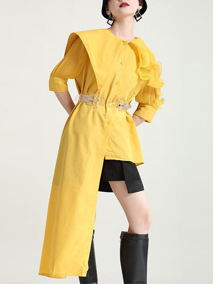 Stylish Irregular 4 Colors Split-Joint Pleated Mesh Falbala Buttoned Lapel Collar Bishop Sleeves Blouse