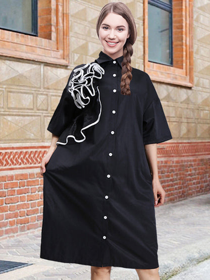 Original Flower-Embellished Lapel  Split-Joint Shirt Dress
