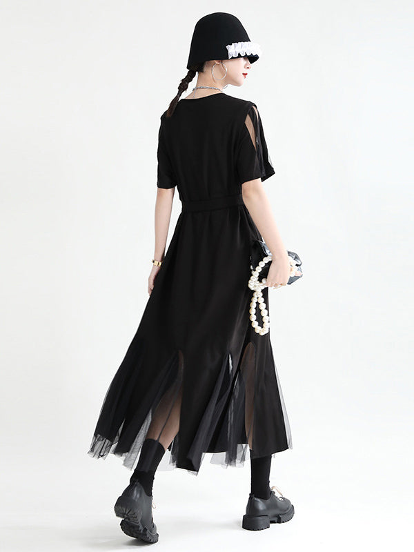 Asymmetric Split-Joint Gauze Hollow Short Sleeves A-Line Midi Dress
