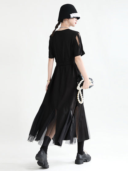 Asymmetric Split-Joint Gauze Hollow Short Sleeves A-Line Midi Dress