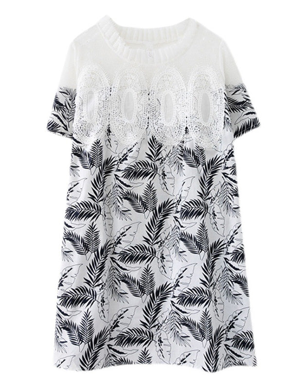 Stylish Linen Printed Split-Joint Round-Neck Lace Short Sleeves Mini Dress