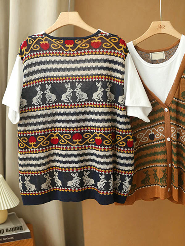 Stylish Split-Joint Printed Round-Neck False Two T-Shirt