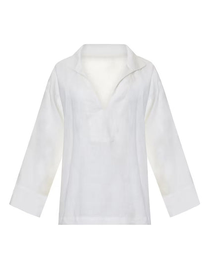 Simple Solid Color High-Low Split-Side V-Neck Lapel Collar Long Sleeves T-Shirt Tops