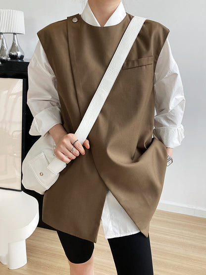 Simple Chic Solid Color Split-Joint With Pocket Round-Neck Sleeveless Vest Outwear