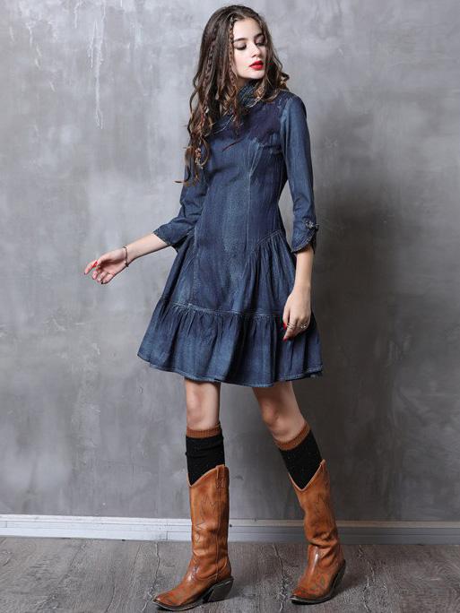 Vintage Falbala Short Cheongsams Denim Dress