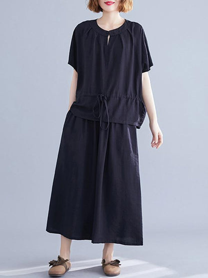 Loose Solid Tops + Wide Leg Pants Suit