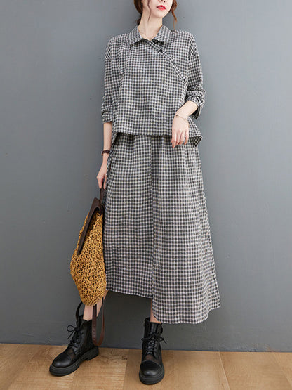 Artistic Retro Irregular Split-Joint Plaid Pleated Buttoned Elasticity Waist Lapel Collar Long Sleeves Midi Shirt Dress
