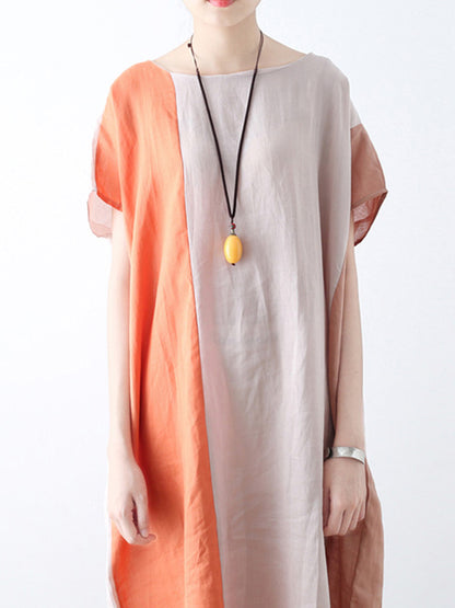 Original Linen Split-Joint Contrast Color Round-Neck Batwing Sleeve Midi Dress