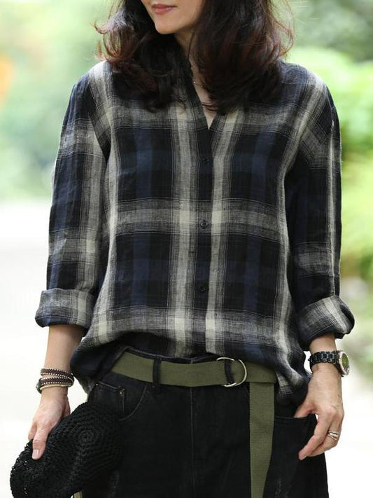 Blue Plaid Loose Linen Long Sleeve Shirt