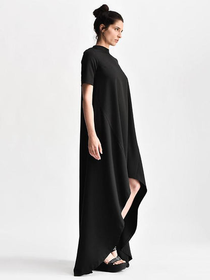 Black High-Low Split-Joint Short Sleeves Long Dress