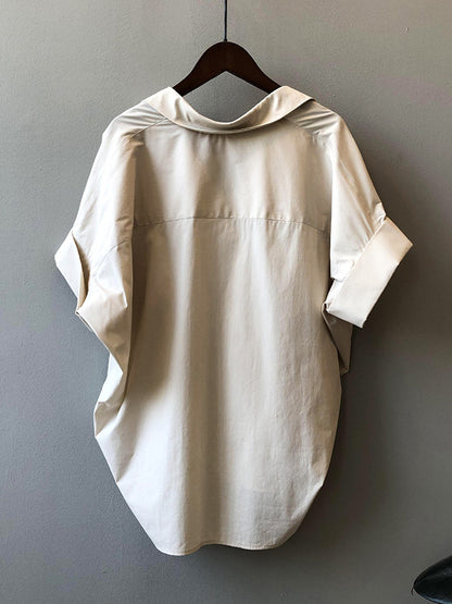 Simple Urban Solid Color Pleated Lapel Collar Short Sleeves Blouse