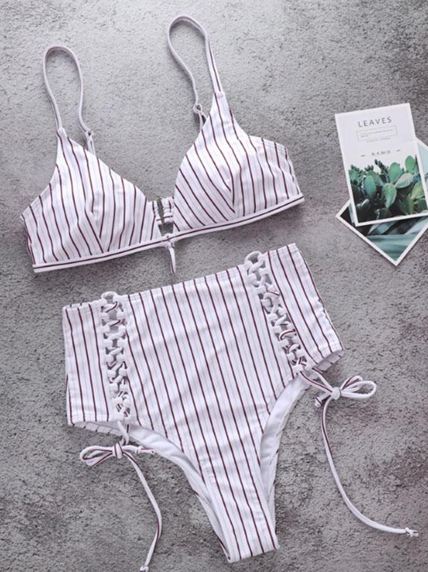 Fashion Stripes High Waisted Adjustable Bikinis Swimwear
