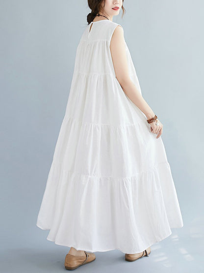 Simple Casual Loose Artistic Retro Pleated Solid Color Midi Dress