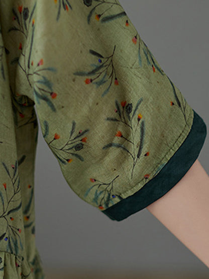 Artistic Retro Contrast Color Floral Printed Midi Dress