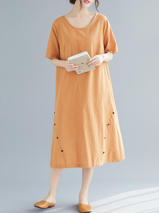 Plus Size Pure Color Cotton Long Dress
