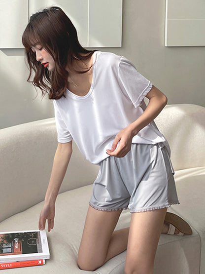Simple Solid Color Split-Joint Lace Pajama Shorts