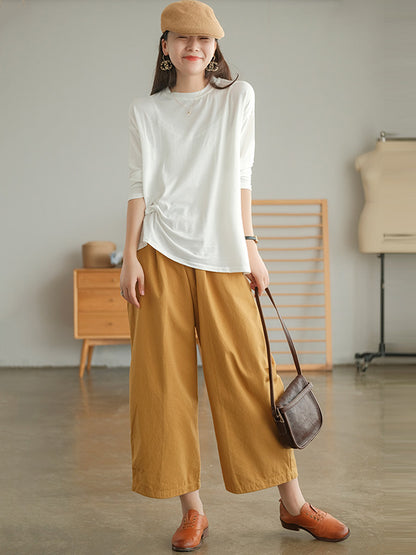 Casual Simple Solid Color Loose Round-Neck Long Sleeves T-Shirt