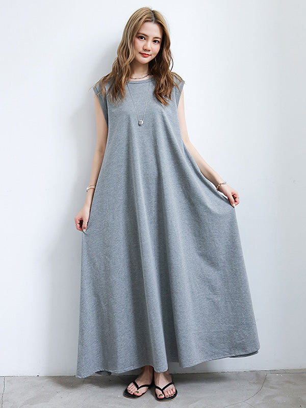 Simple Solid Color Oversized A-Line Round-Neck Cap Sleeves Maxi Dress